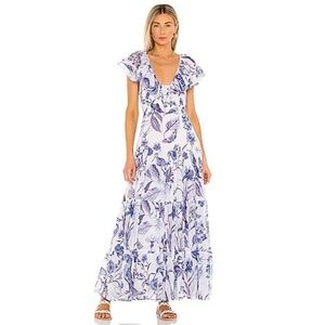 Banjanan Gladys Maxi Dress Jubilee Blue White Floral Tiered 100% Cotton Size S